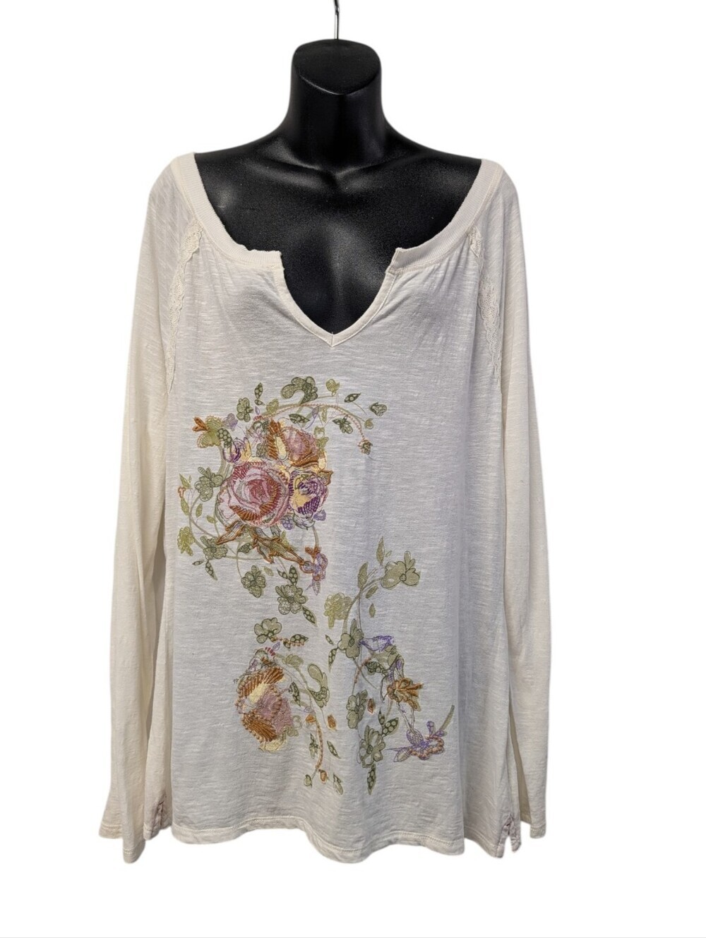 Nine West Vintage America Collection White Floral Embroidered Lace V-Neck Top L